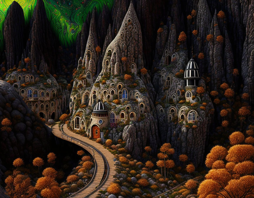 Whimsical stone houses in fantasy landscape with autumn trees