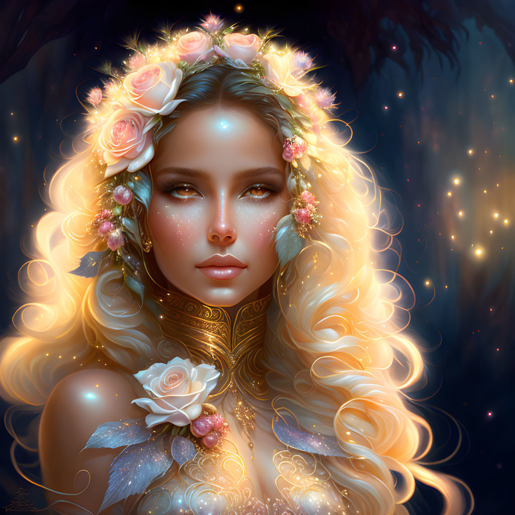 Fantasy portrait of woman with long blond hair, rose wreath, glowing lights, and butterfly wings