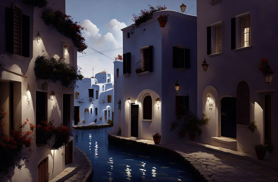 Tranquil evening alley with illuminated buildings and canal