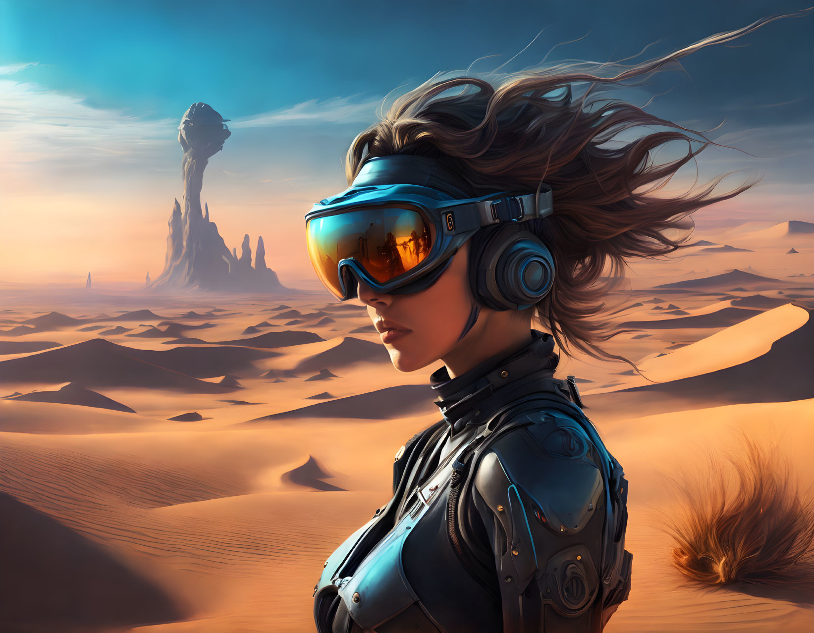 Futuristic woman with goggles and headphones in desert landscape