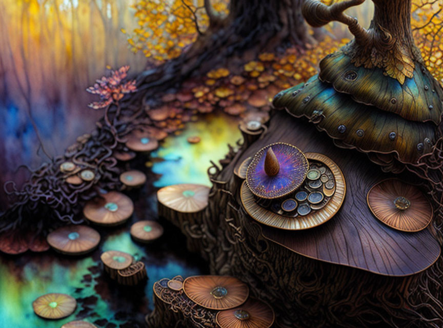 Whimsical digital art: eye-like tree, vibrant mushrooms