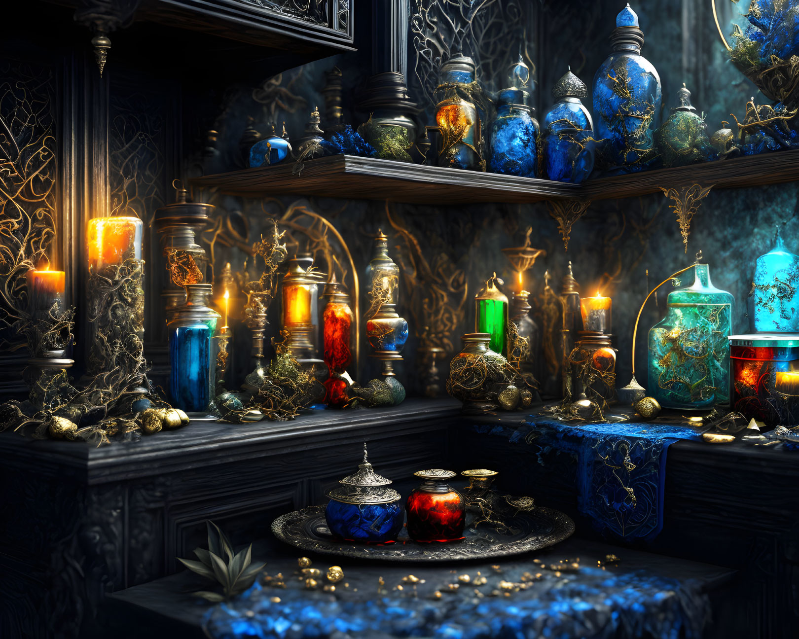 Mystical room with ornate jars, candles, metallic designs, and gold coins