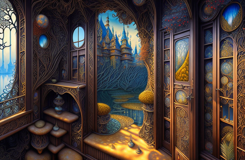 Fantasy room with ornate wooden interior overlooking magical castle in enchanted forest