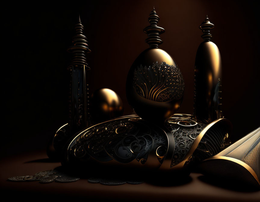 Detailed 3D rendering of metallic ornaments and patterns on dark backdrop