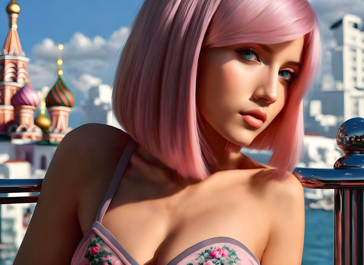 Digital portrait of woman with pink hair against onion-domed architecture backdrop