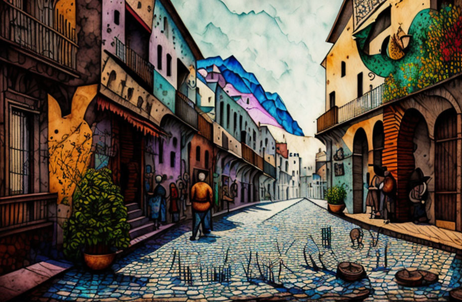 Whimsical cobblestone street painting with colorful buildings and people