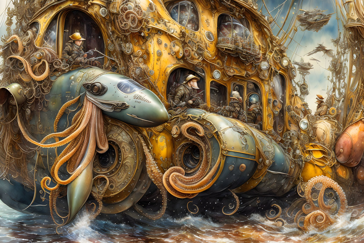 Steampunk submarine with gears, portholes, diver figures, and mechanical octopus in ocean