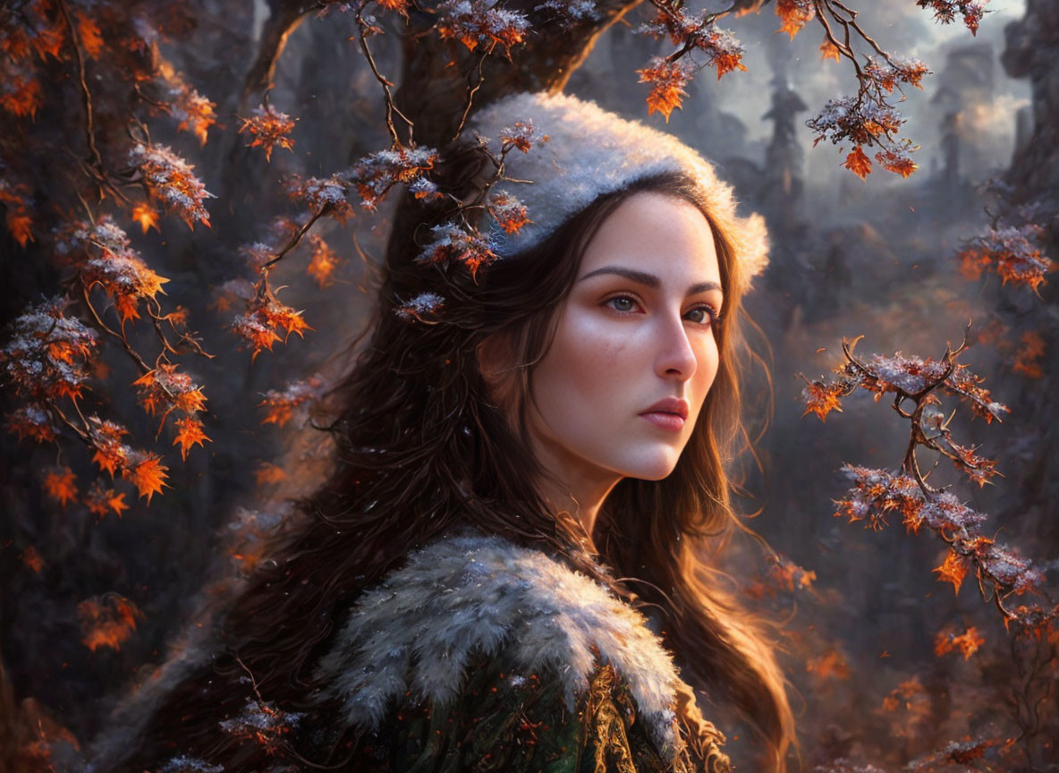 Woman in fur-trimmed cloak stands in autumnal woods