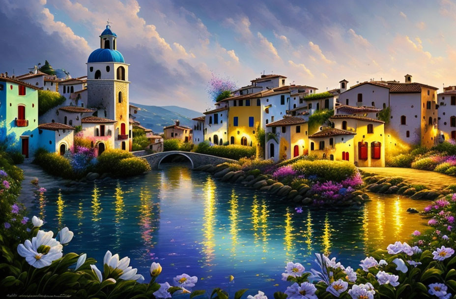 Colorful Mediterranean Village Painting at Twilight