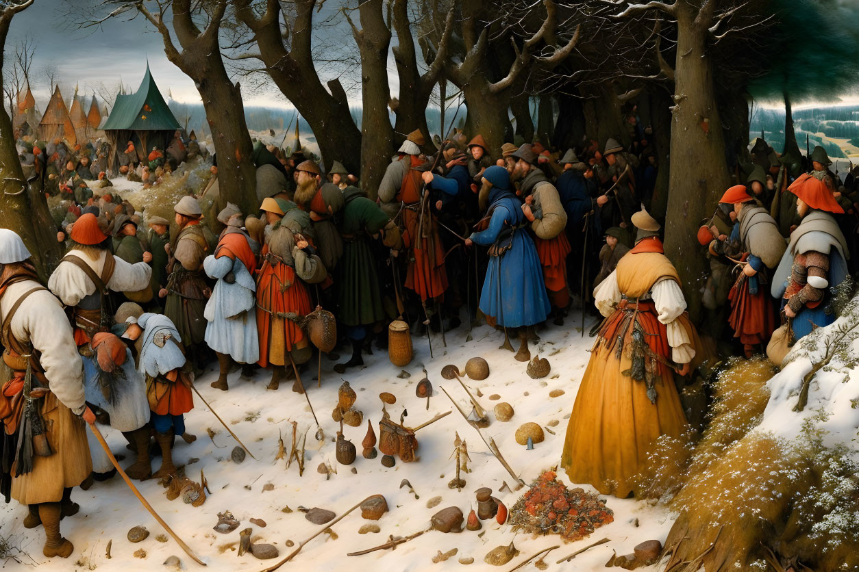 Detailed Medieval Battle Aftermath Painting in Snowy Forest