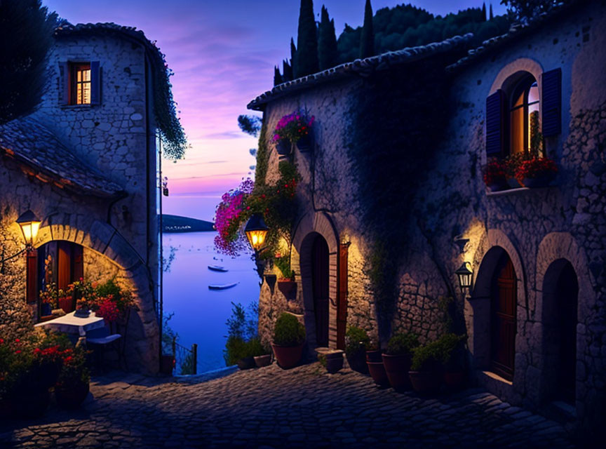 Tranquil twilight view of stone pathway by the sea with historic houses and vibrant flowers