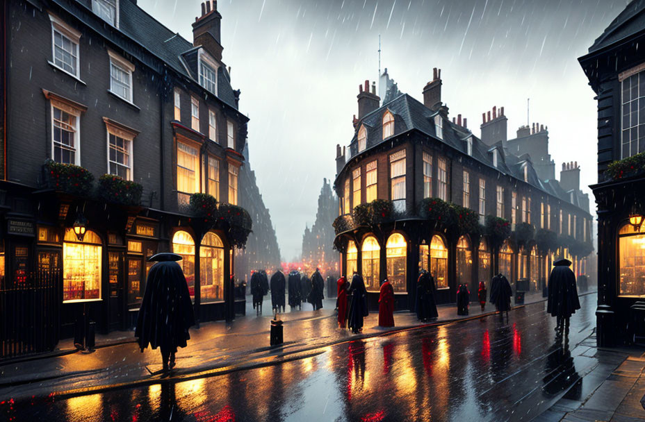 Pedestrians on rainy city street with lit building