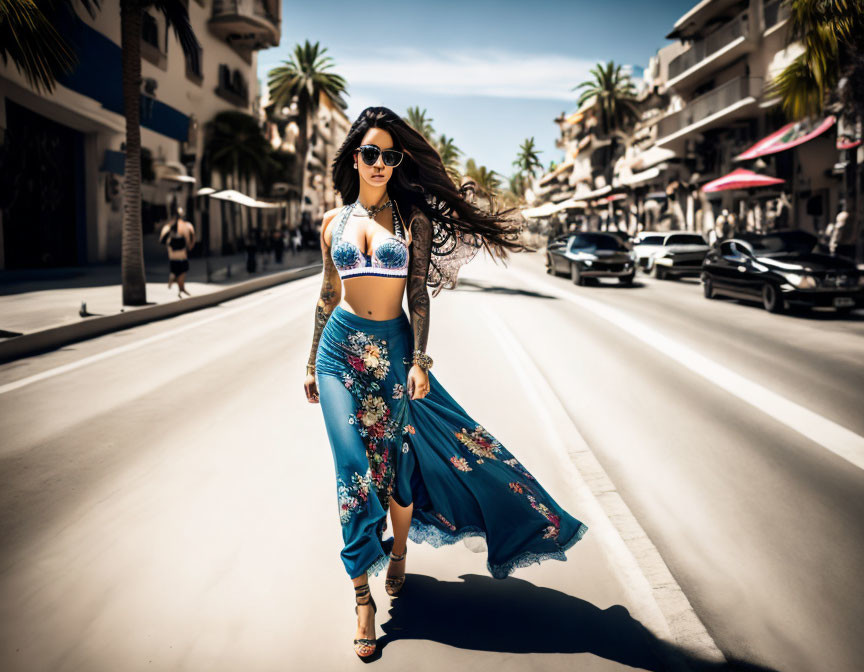 Woman in Blue Patterned Outfit Walking on Sunny Street