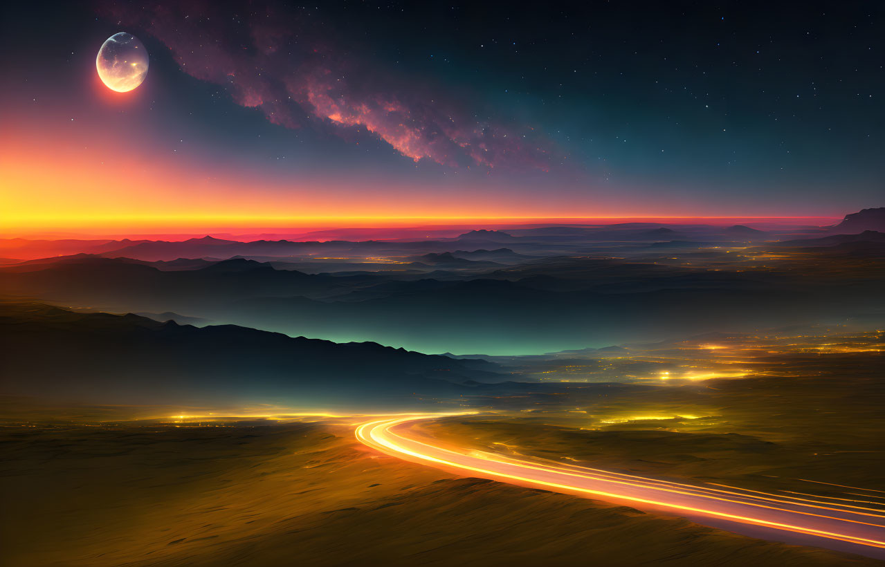 Digital artwork: Winding road in mountain landscape under starry sky