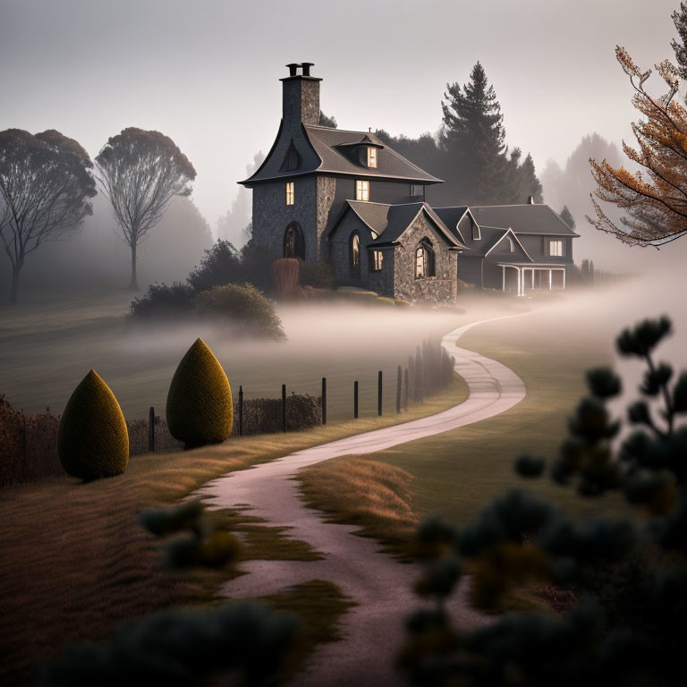 Tranquil misty morning with stone house and lush landscape