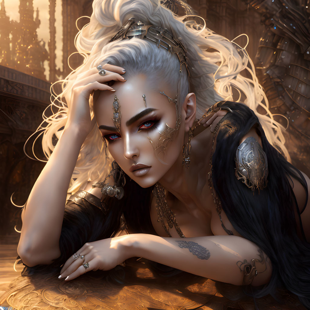 Fantasy character with pale skin, white hair, and intricate jewelry resting chin on hand