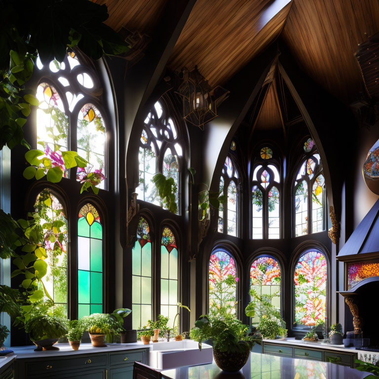 Room with Gothic Arched Stained-Glass Windows, Houseplants, and Vaulted Ceilings