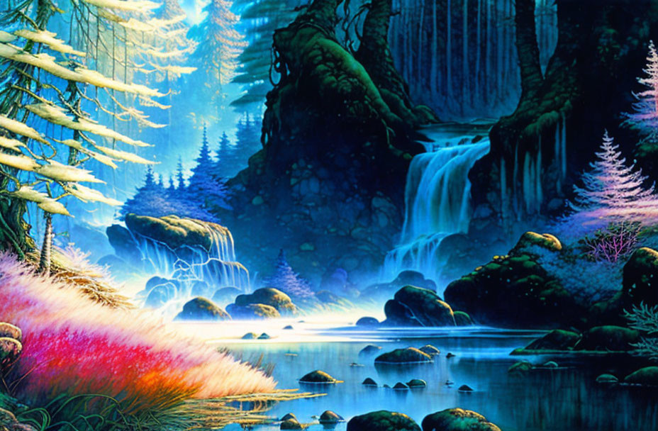 Colorful fantasy landscape with waterfalls, greenery, lake, and blue sky