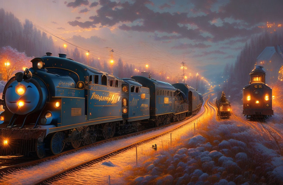 Blue vintage train "Imagination" in snowy landscape at dusk