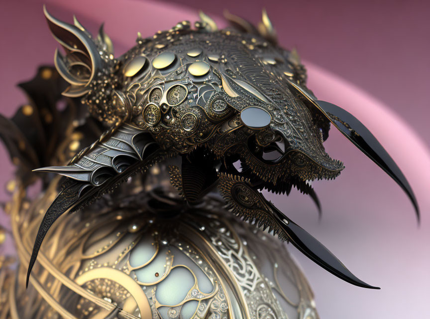 Detailed metallic dragon head with circular patterns and sharp horns on soft pink background