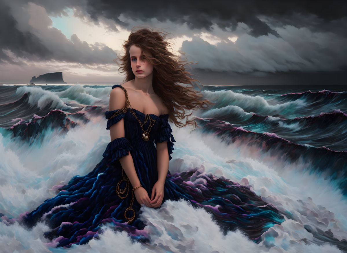 Woman in Blue Dress Sitting on Turbulent Sea Waves in Stormy Sky