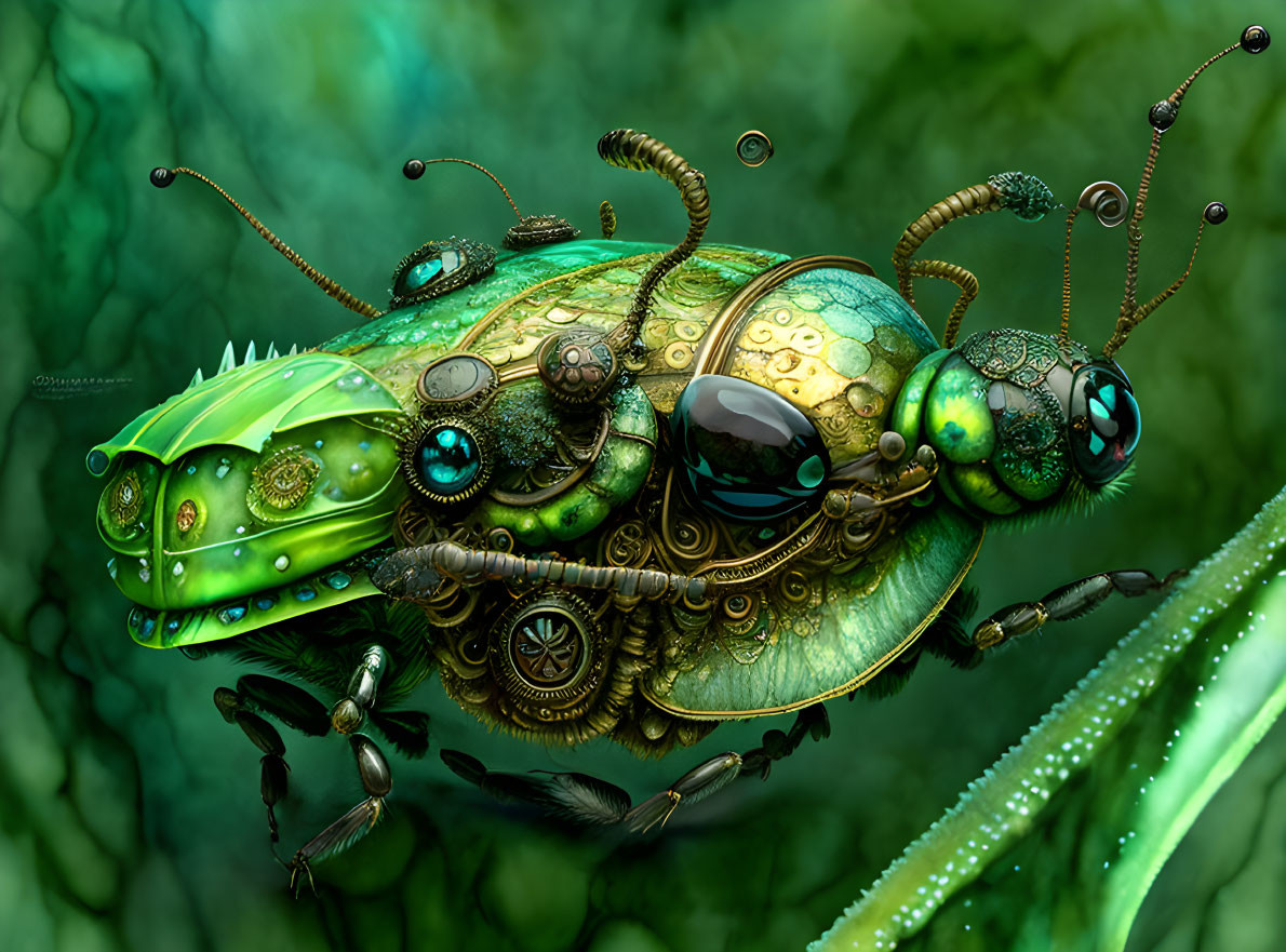 Steampunk-inspired insect illustration with metallic details on misty green background