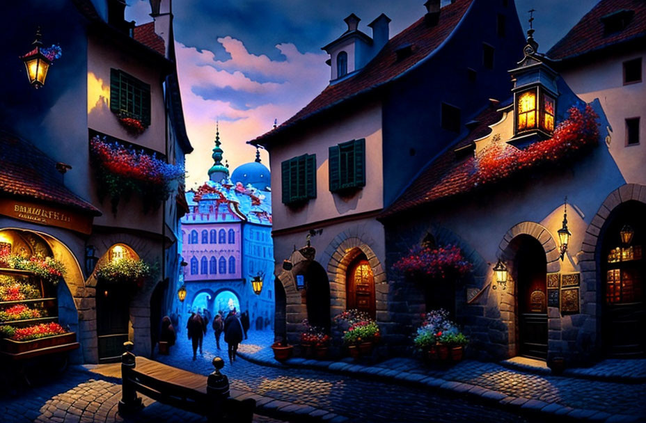 Charming cobblestone street with old-style buildings and glowing lanterns