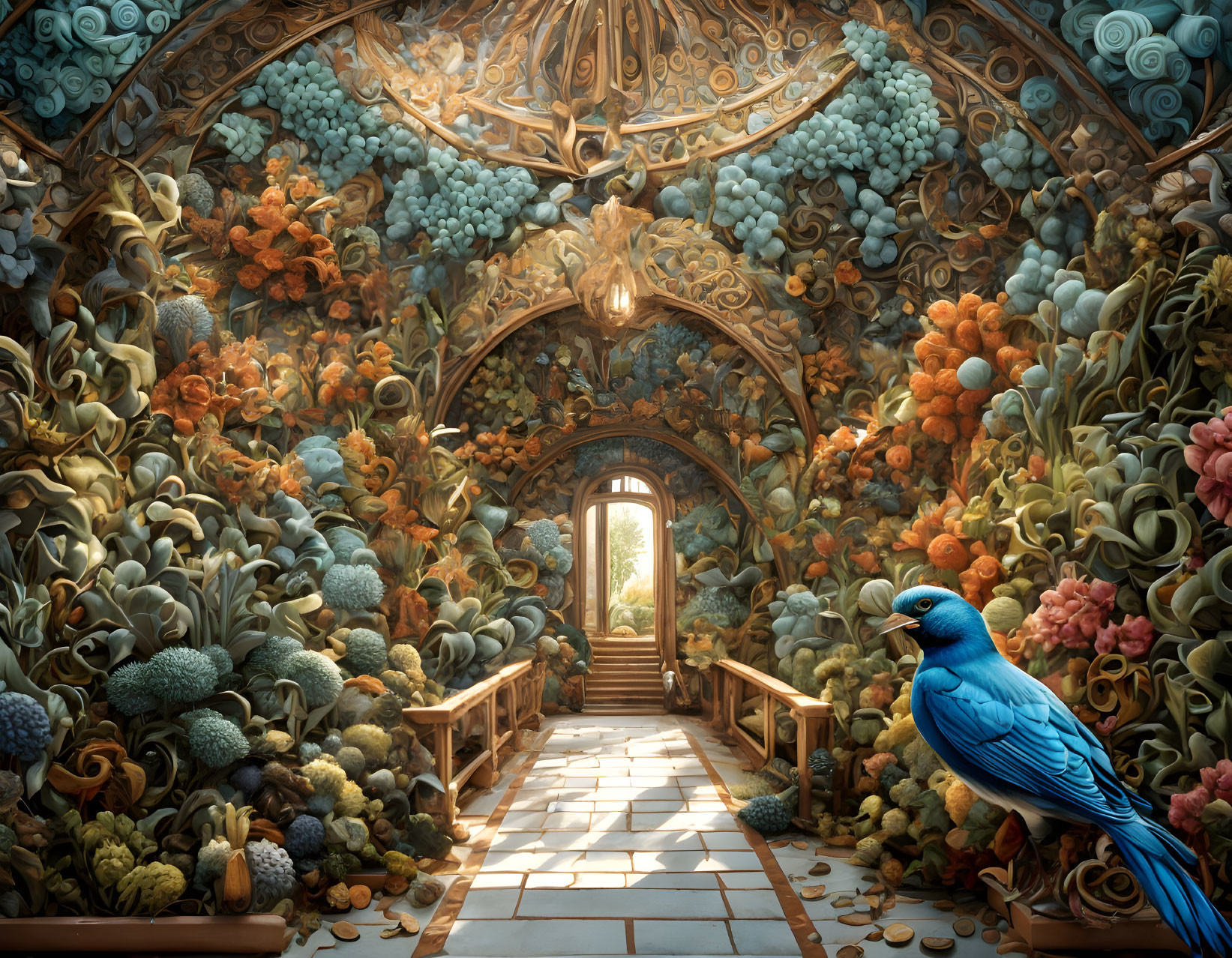 Colorful Flowers and Blue Bird in Ornate Hallway