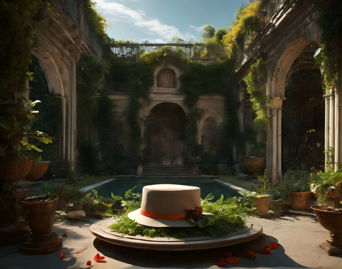 Overgrown courtyard with ivy, serene pool, white hat with orange ribbon, lush greenery,