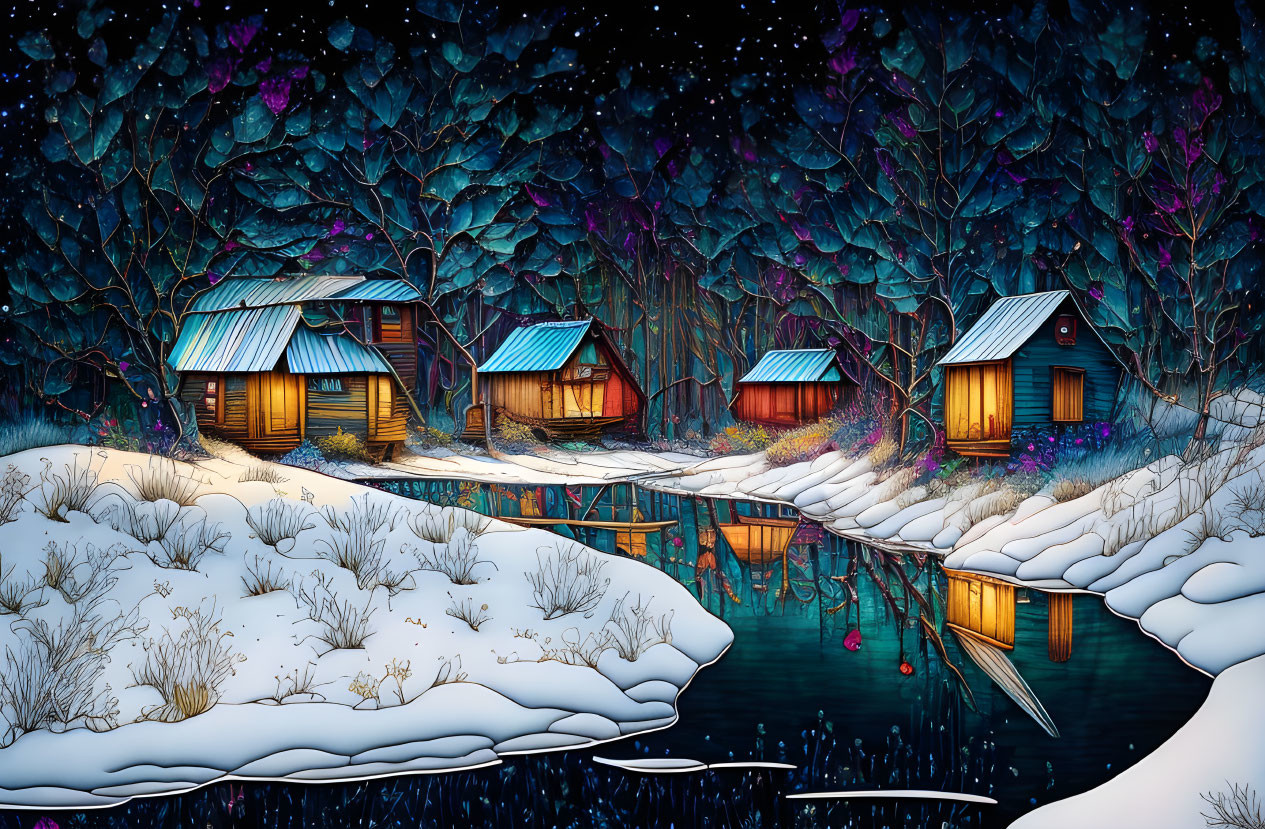 Snowy cabins by frozen river in enchanting winter scenery