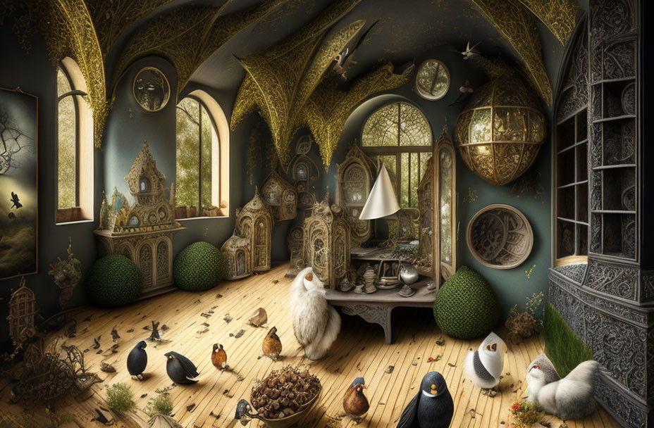 Whimsical steampunk-themed room with wooden floor, birds, intricate clocks, and mechanical devices