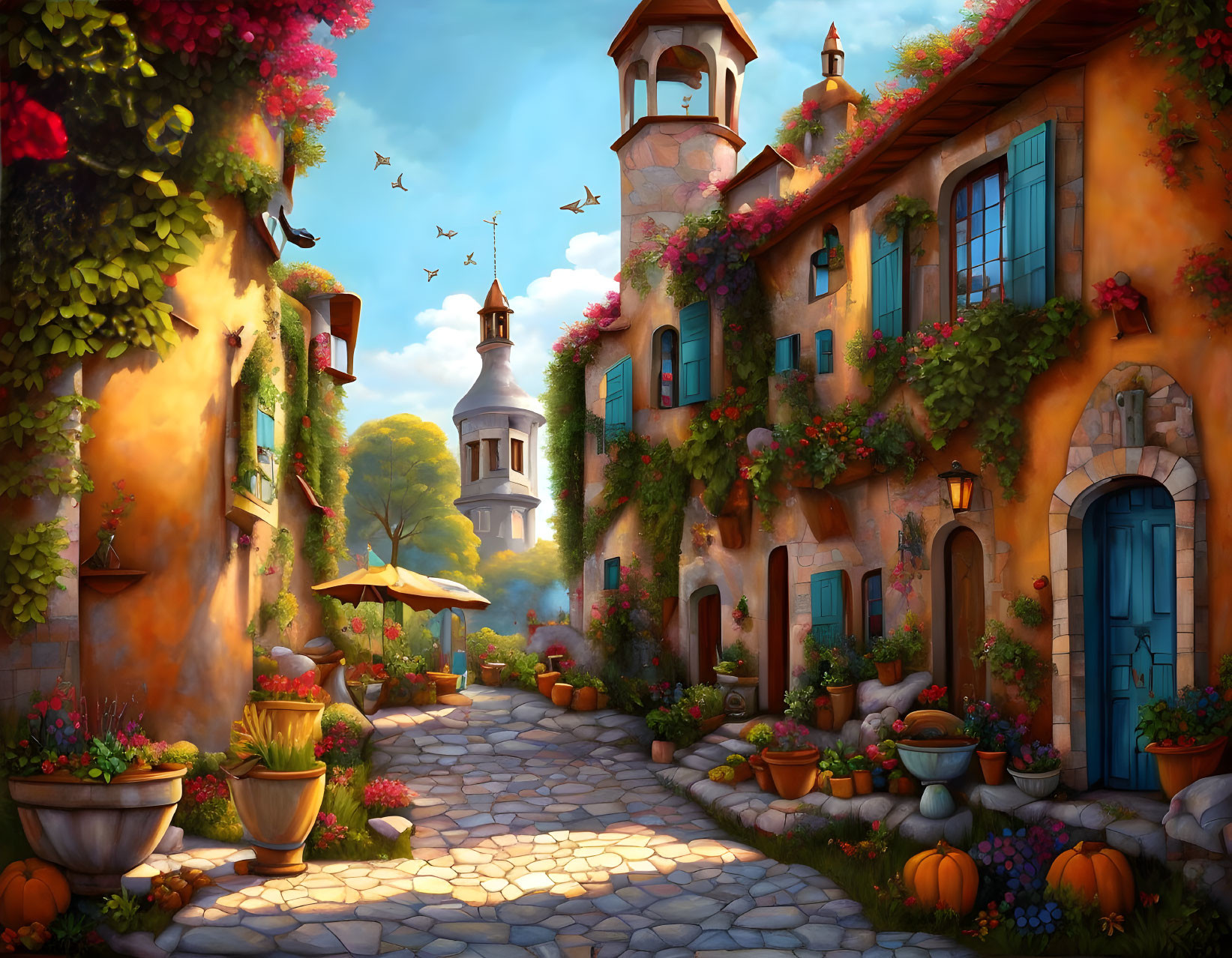 Picturesque cobblestone street with orange stucco houses, flowers, and church tower.