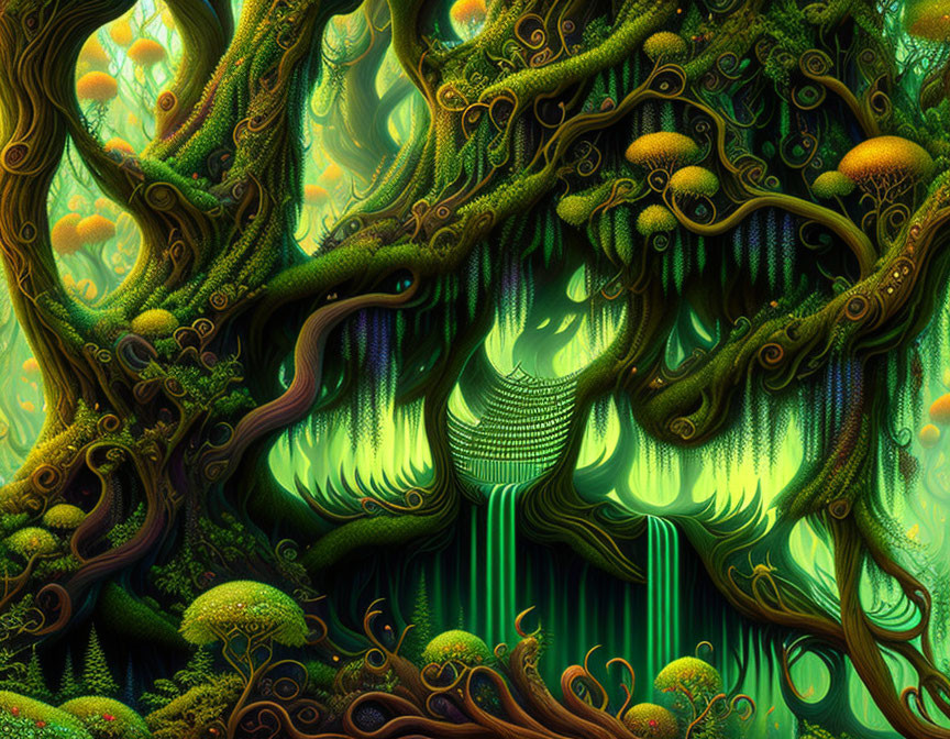 Detailed digital artwork of mystical forest with glowing lights and waterfall