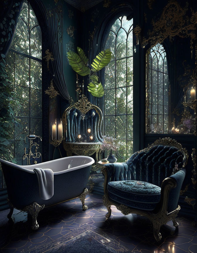 Luxurious Bathroom with Dark Blue Walls, Claw-Foot Bathtub, Ornate Armchair, Ambient