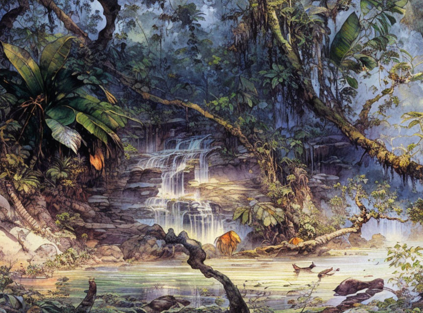 Tropical waterfall with tiger, birds in misty jungle