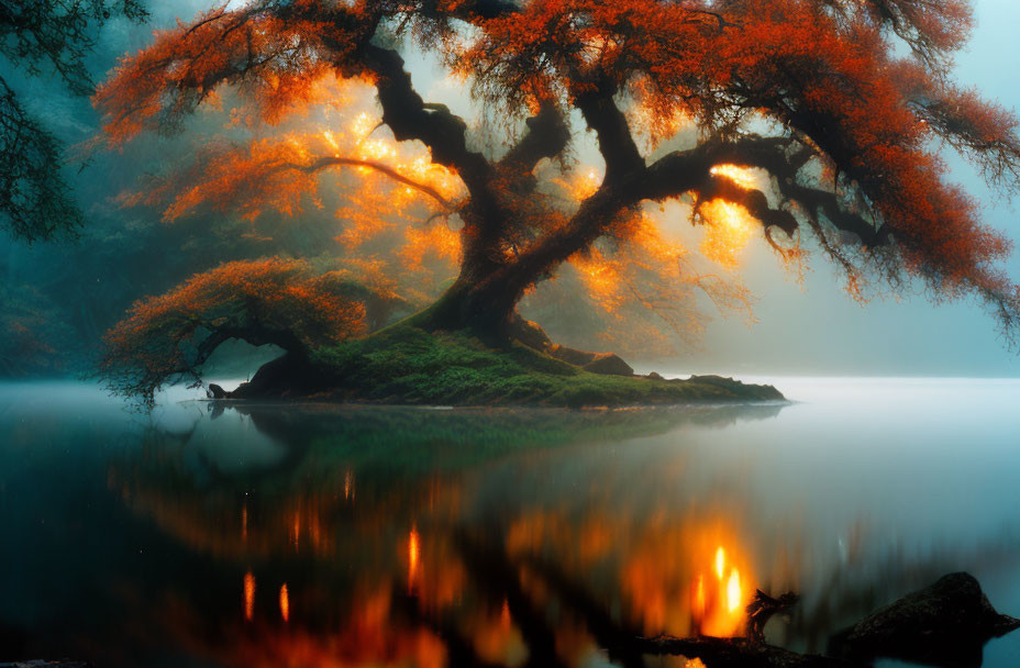 Majestic tree with fiery orange leaves reflected in tranquil waters in misty landscape