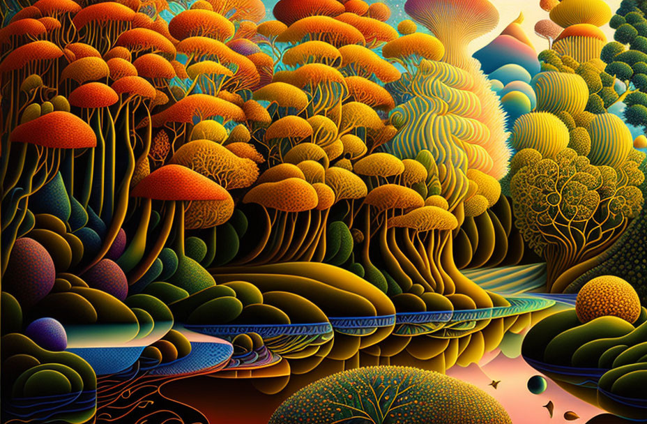 Colorful stylized mushroom forest illustration with rolling hills and intricate plants