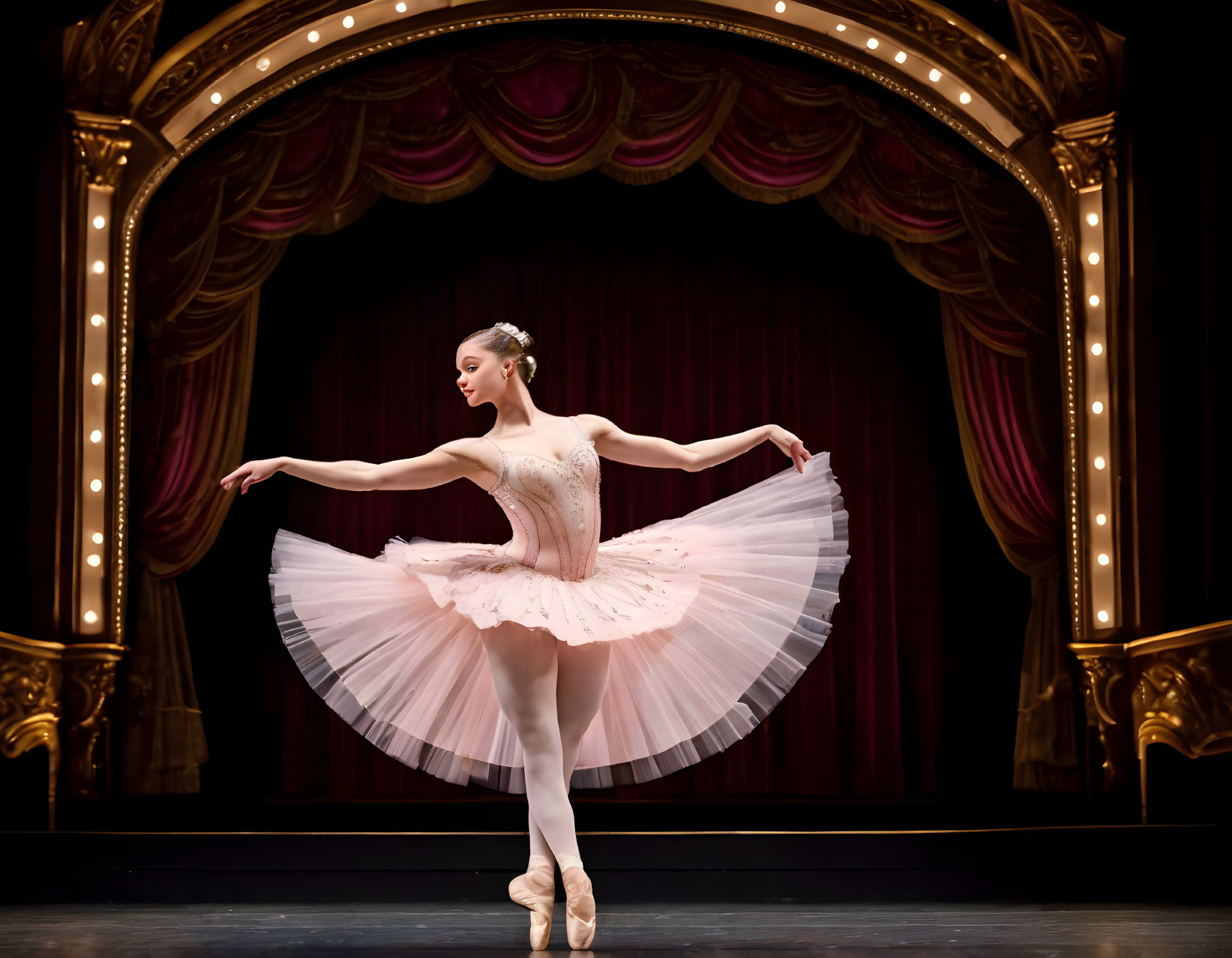 Elegant ballerina in pink tutu dancing en pointe on grand stage