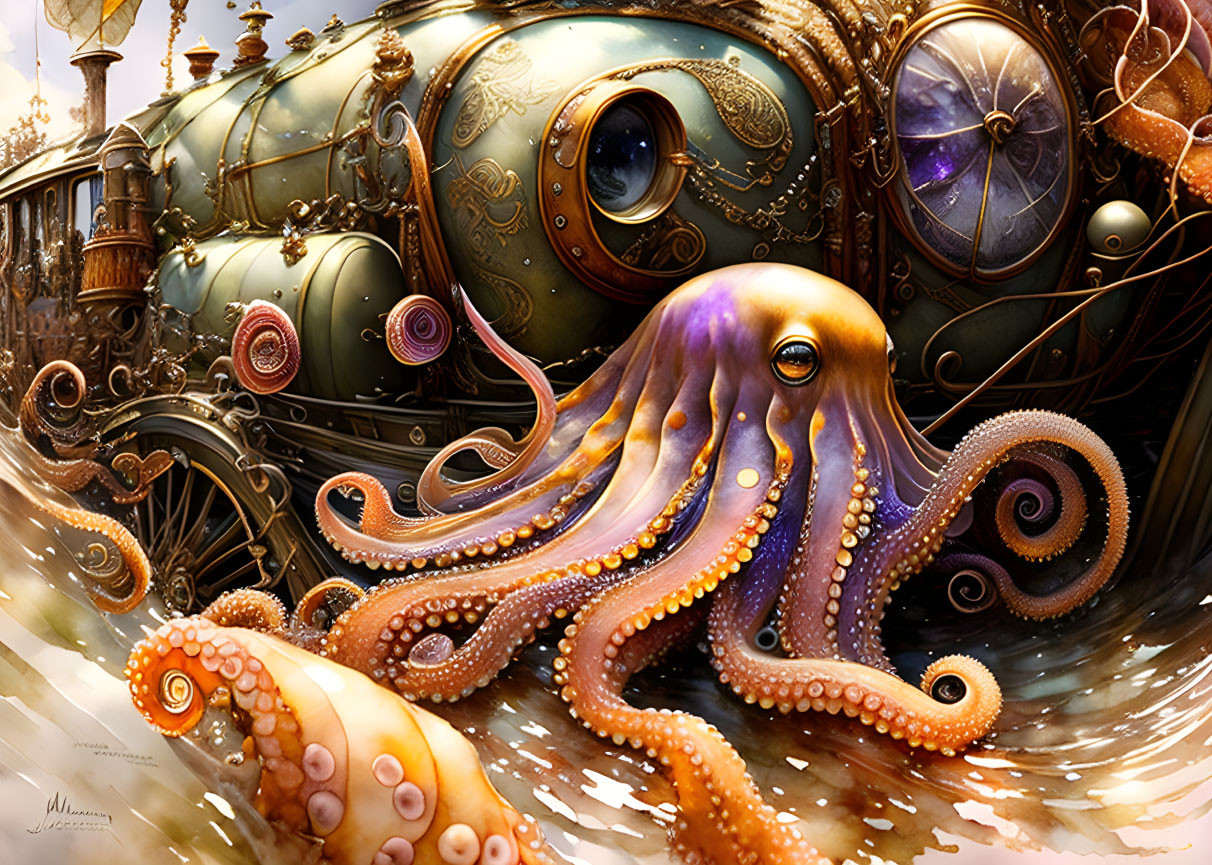 Steampunk octopus and train in vibrant oceanic scene