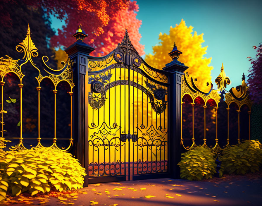 Ornate black wrought-iron gate with gold details opens to vibrant autumn garden