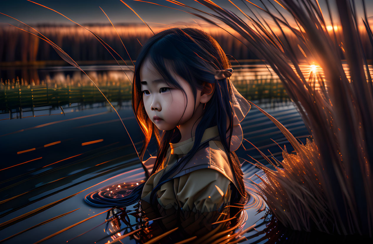 Contemplative young girl in tall reeds at sunset.