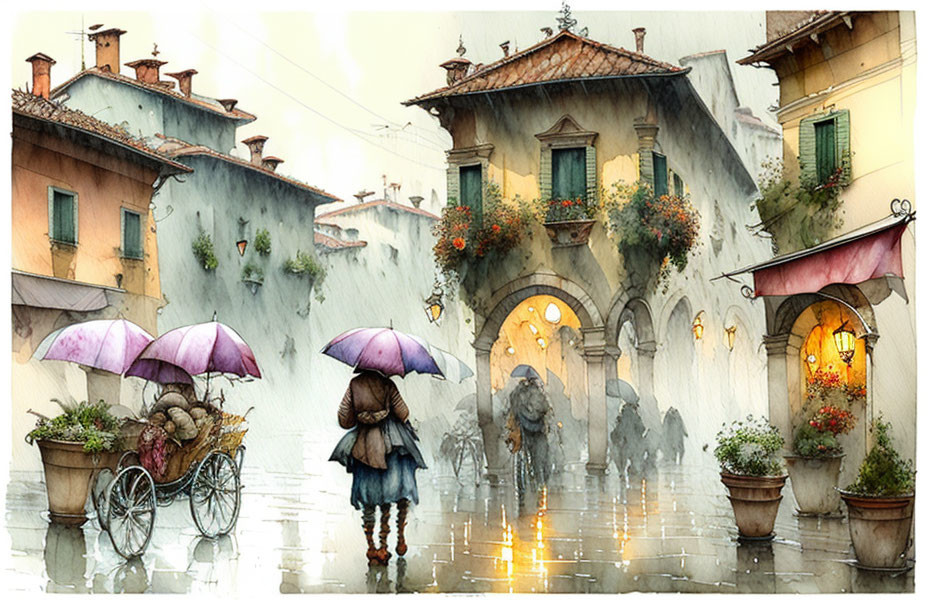 Rainy Street Scene Watercolor Painting with Umbrellas, Bicycle, Plants, and Vintage Houses