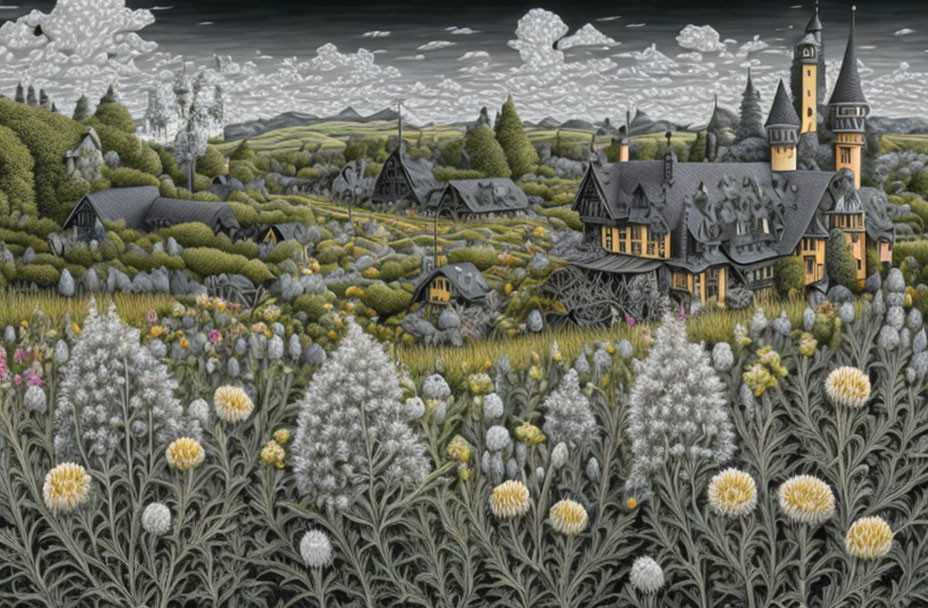 Detailed illustration of lush garden, gothic mansion, village, hills, and cloudy skies