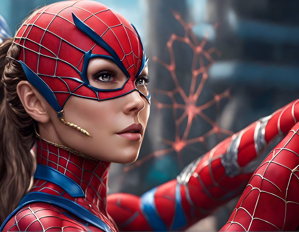 Detailed Spider-Man costume digital artwork of woman posing heroically.