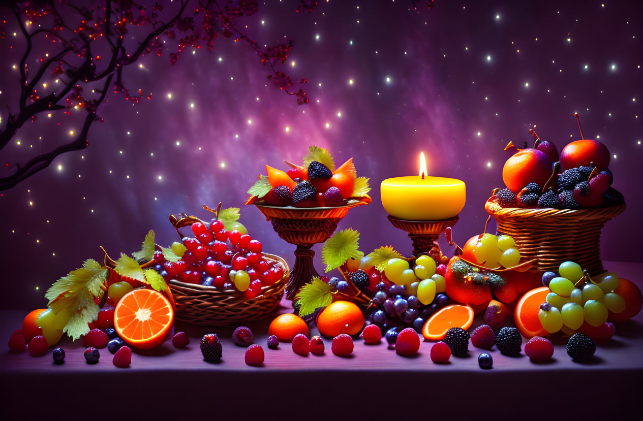 Colorful Fruits and Candle Against Starry Background