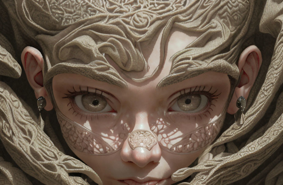 Detailed close-up of fantasy character with leaf-like skin patterns, green eyes, pointed ears, and nose