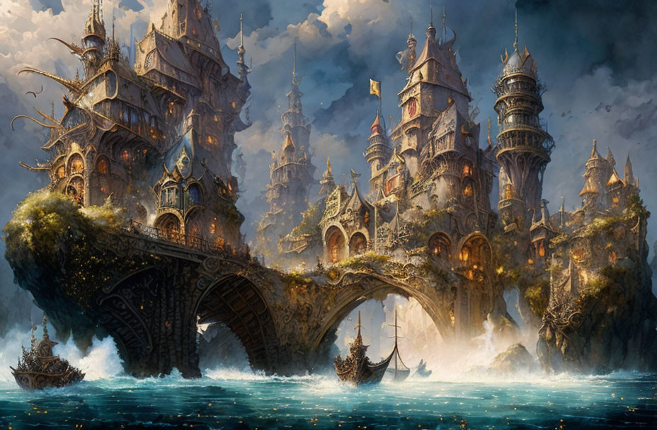 Fantastical castle with spires over water and dramatic sky