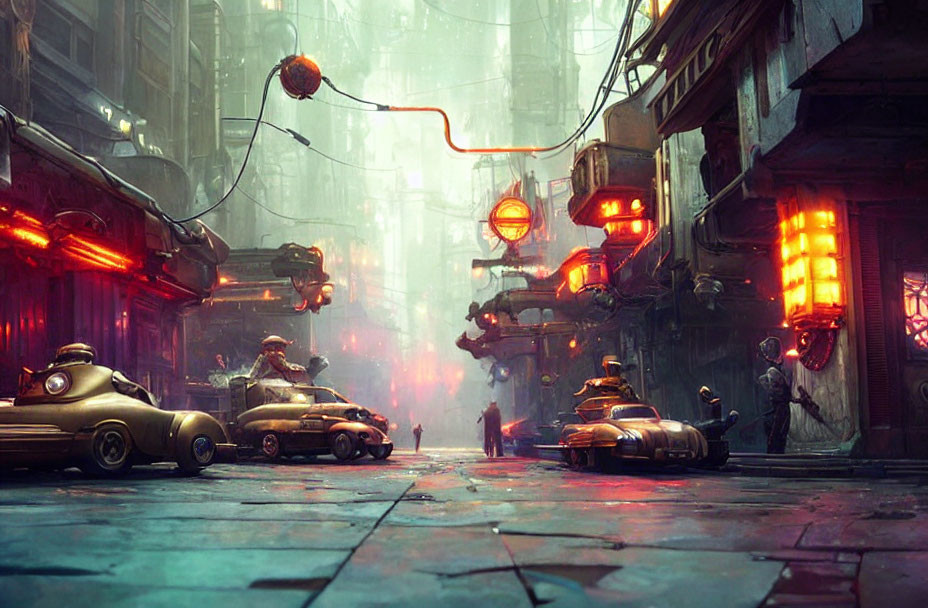 Futuristic cyberpunk city street with neon signs and retro cars