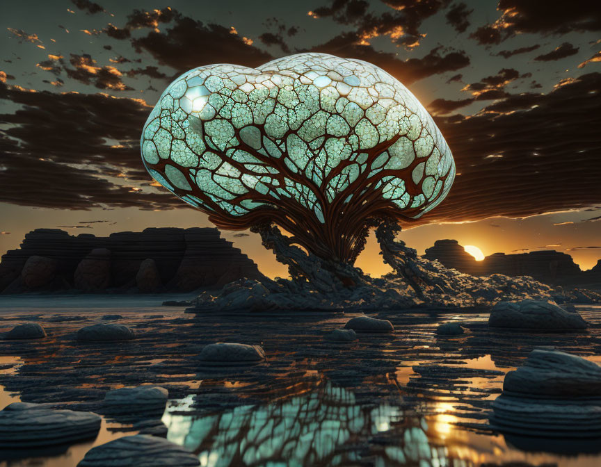 Surreal glowing tree with vein-like canopy at sunset reflected on tranquil water with rocks