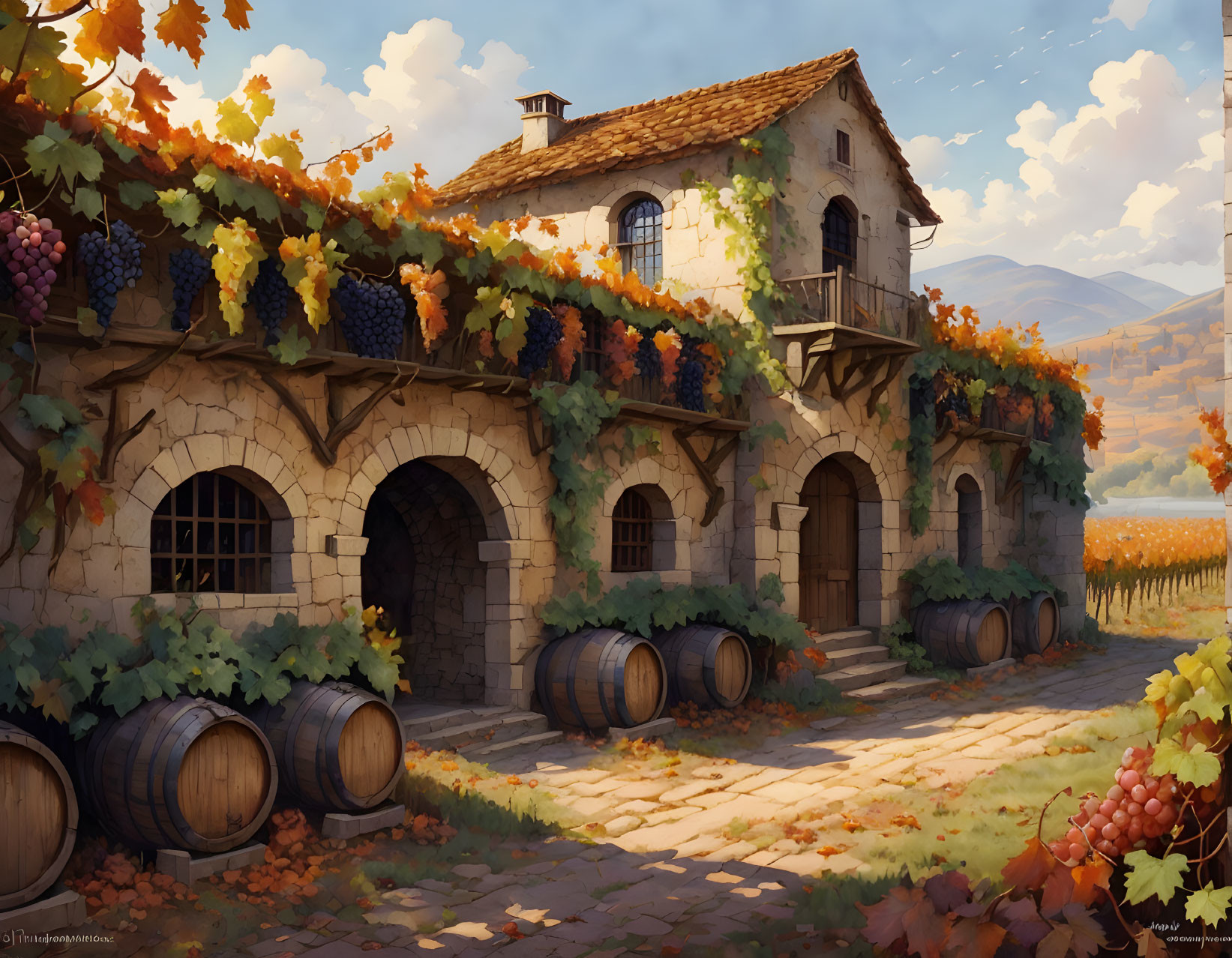 Rural winery scene with grapevines, barrels, stone building, and autumn landscape